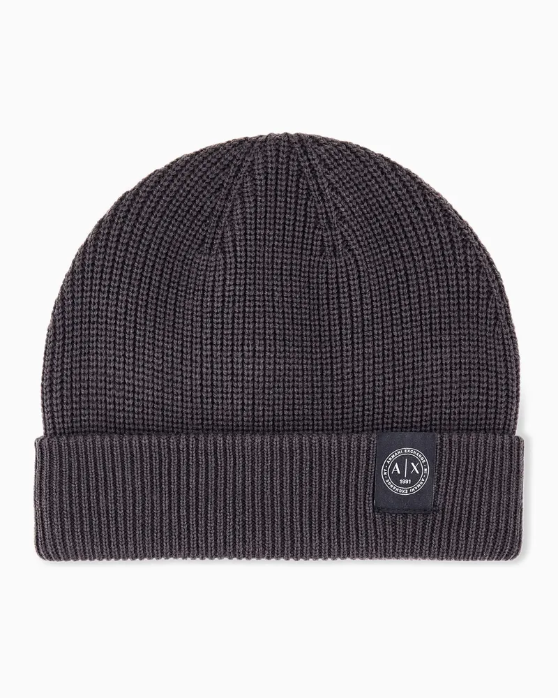 Armani Exchange Berretto a costine in lana vergine e cotone con risvolto Marrone
