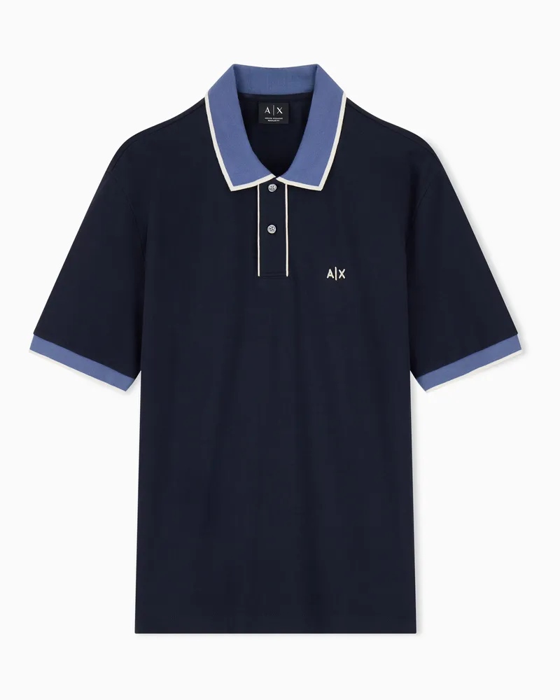 Armani Exchange Polo in piqué di cotone con logo e profili a contrasto Blu
