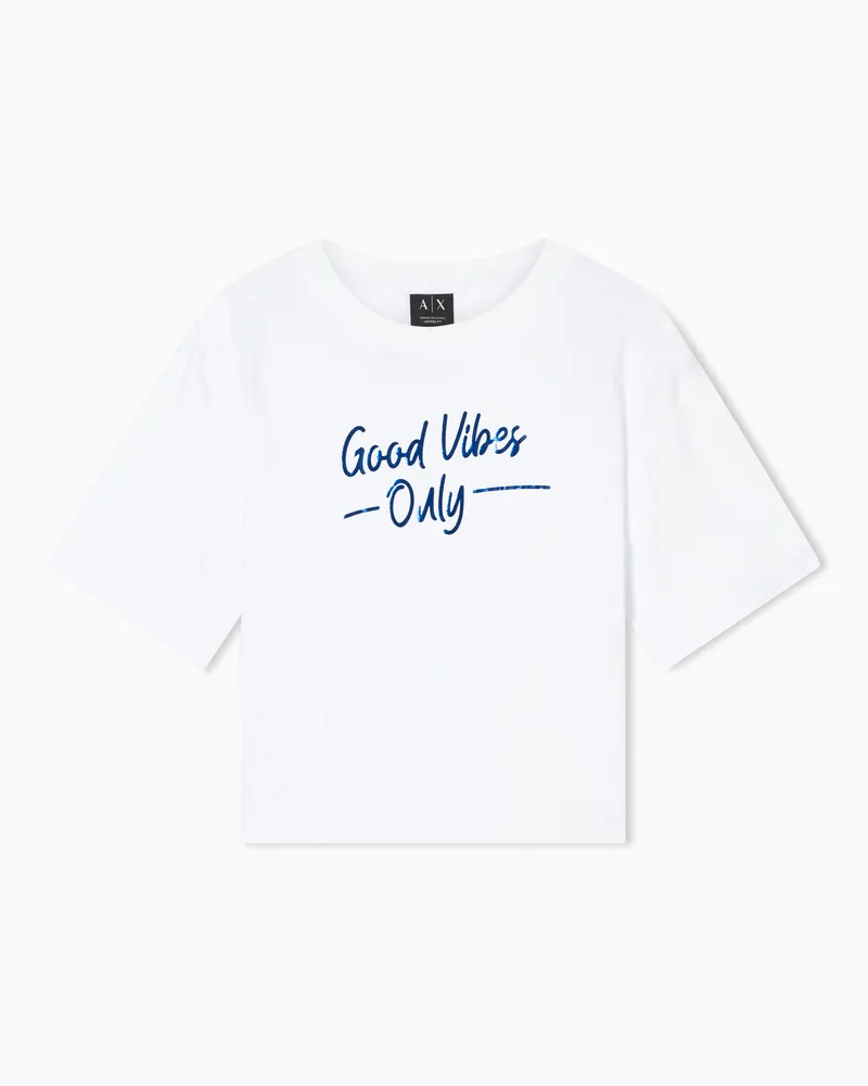 Armani Exchange Cropped T-Shirt in Jersey di Cotone Bianco