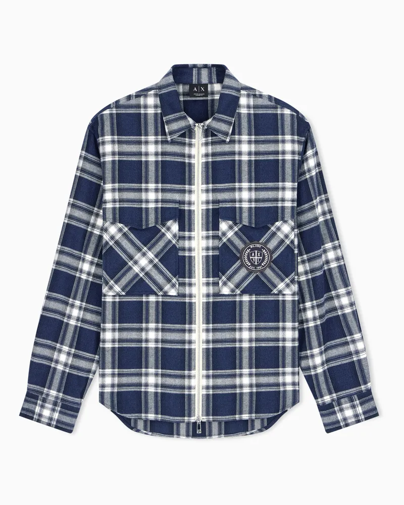 Armani Exchange Camicia Crossover in flanella a quadri con zip Blu
