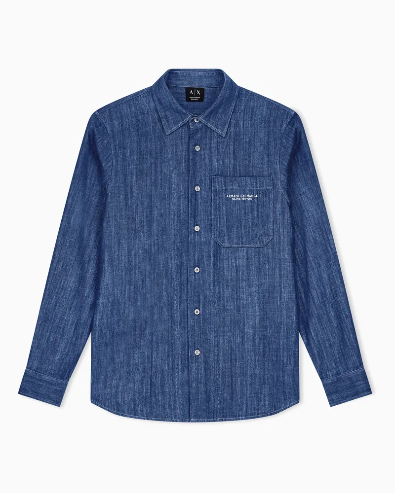 Armani Exchange Camicia in denim di cotone regular fit con taschino Blu