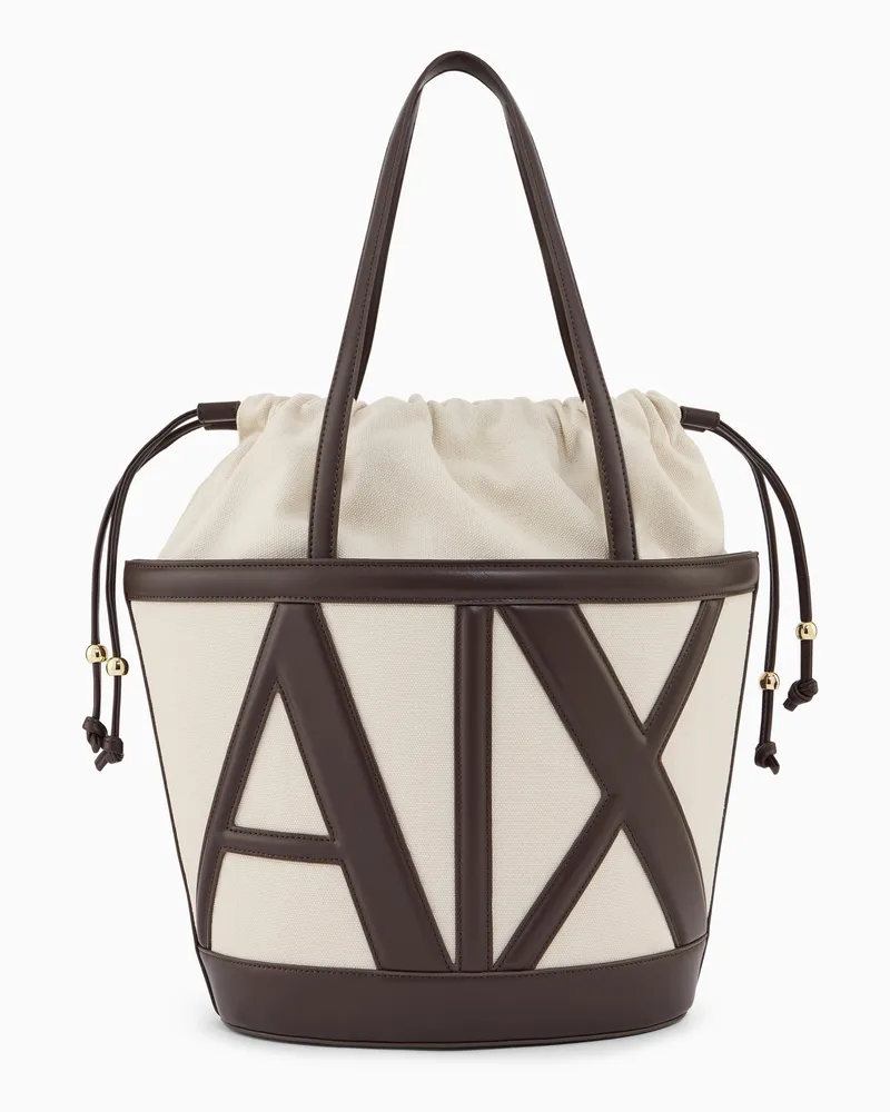 Armani Exchange Borsa a secchiello in canvas con logo maxi Marrone