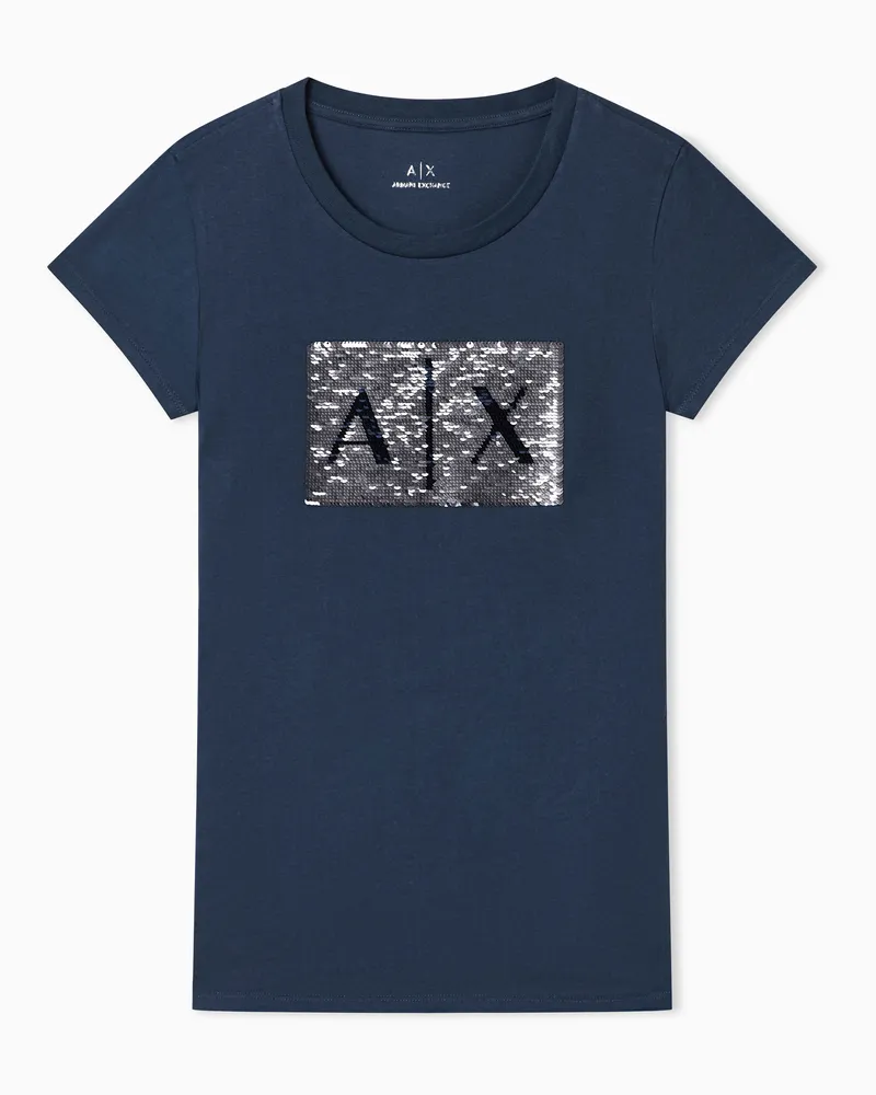 Armani Exchange T-shirt slim fit con logo in paillettes Blu