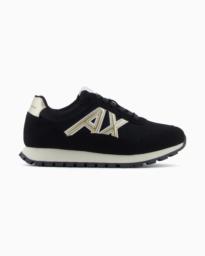 Armani Exchange Sneaker bassa in mesh e camoscio con maxi logo Nero