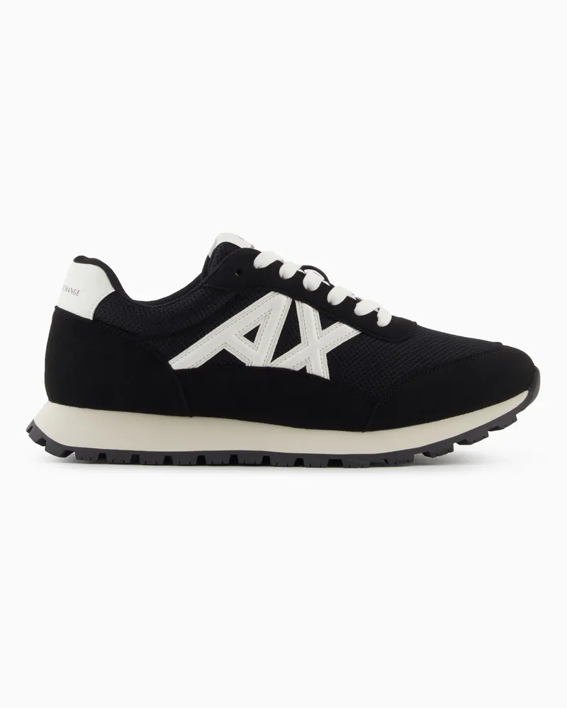 Armani Exchange Sneaker bassa in mesh e camoscio con maxi logo Nero