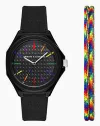 Armani Exchange OFFICIAL STORE Set Bracciale Multicolore E Orologio Nero A Tre Lancette In Silicone Nero