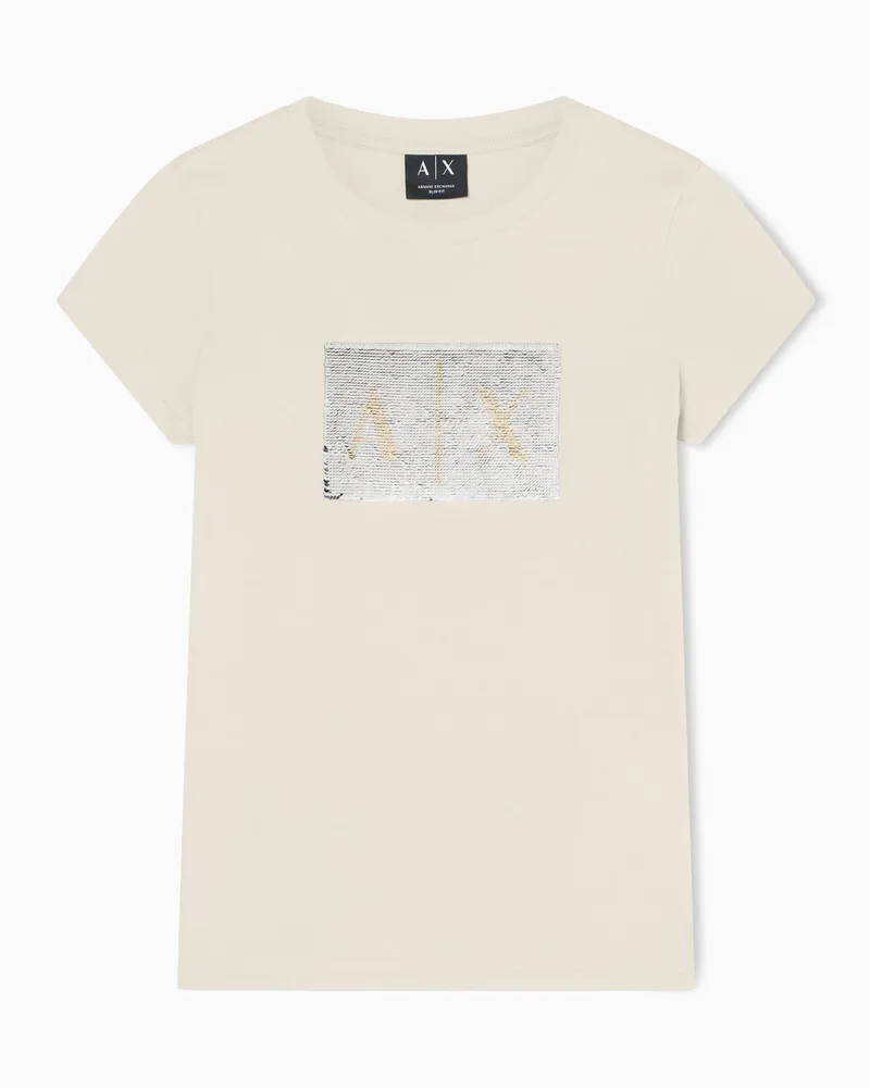 Armani Exchange T-shirt slim fit con logo in paillettes Beige