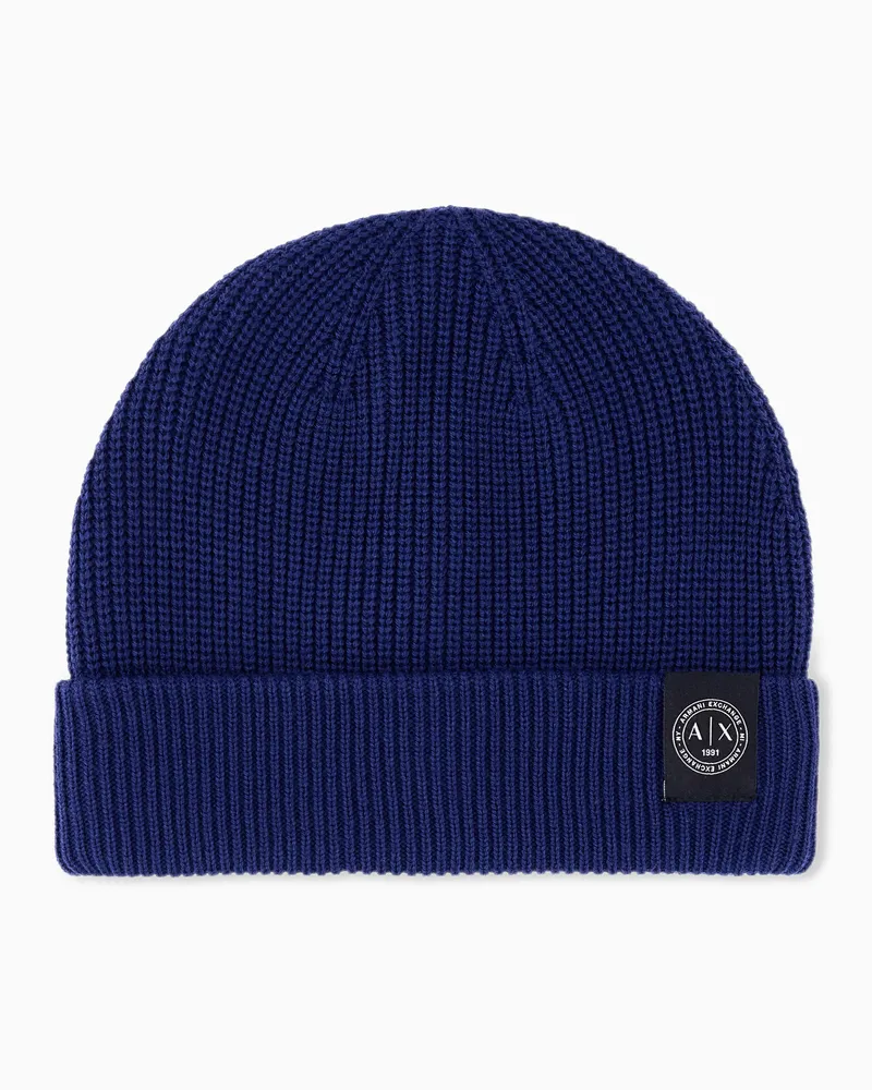 Armani Exchange Berretto a costine in lana vergine e cotone con risvolto Blu
