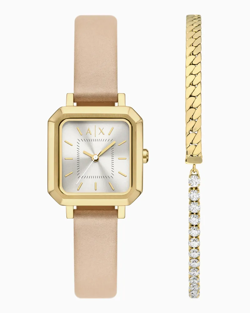 Armani Exchange Set regalo con orologio e bracciale in pelle color carne a tre lancette Multicolore