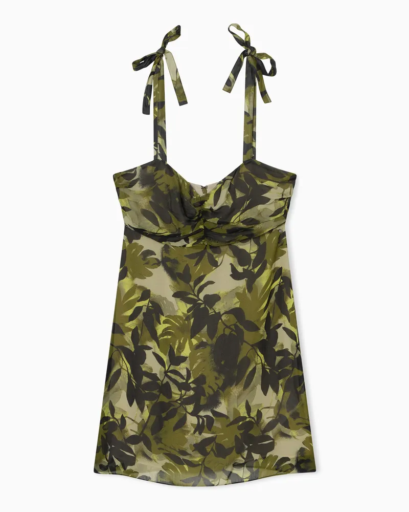 Armani Exchange Abito Corto Volant Crinkle Viscosa Stampata Verde