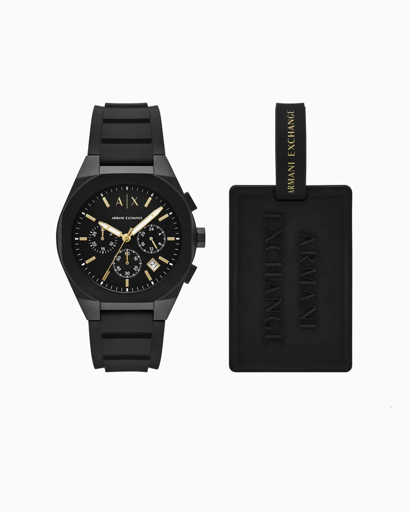 Armani Exchange Set etichetta per bagaglio e orologio cronografo in silicone nero Multicolore