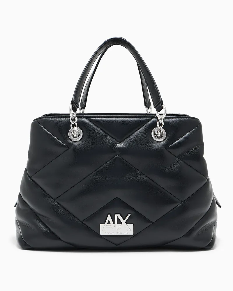 Armani Exchange Borsa shopping trapuntata con manici a catena e logo Nero