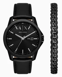 Armani Exchange OFFICIAL STORE Orologio In Pelle Nera Con Datario A Tre Lancette E Bracciale In Acciaio Inossidabile Nero Nero