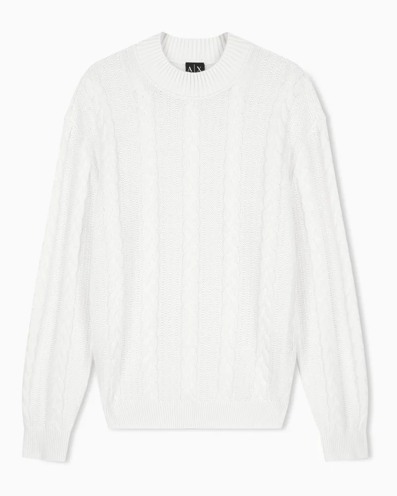 Armani Exchange Pullover girocollo a trecce in misto lana e cotone Bianco