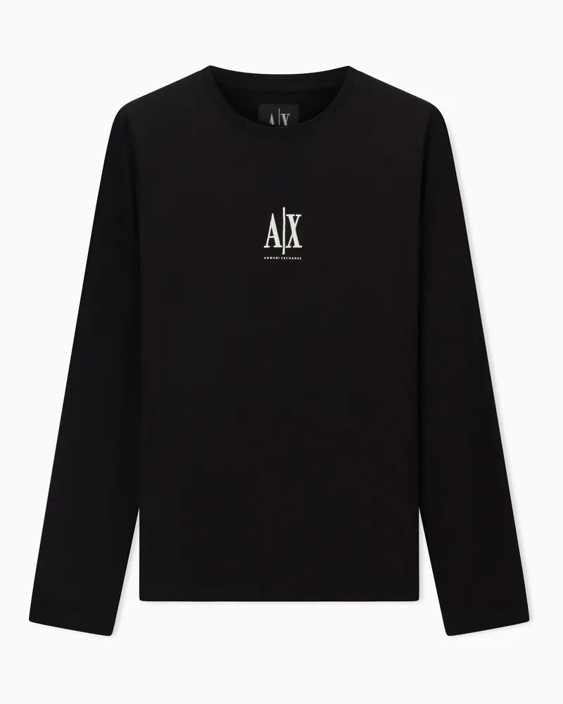 Armani Exchange T-shirt cotone girocollo a maniche lunghe con logo Icon Nero