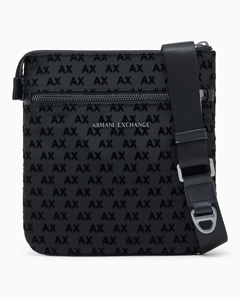 Armani Exchange Borsa a tracolla con logo all-over e tasca frontale con zip Nero
