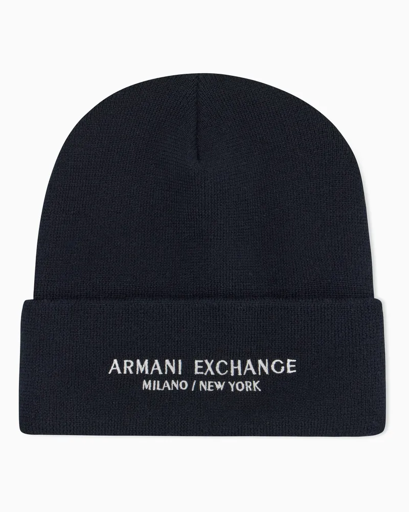 Armani Exchange Berretto in maglia con risvolto e logo ricamato Essential Blu