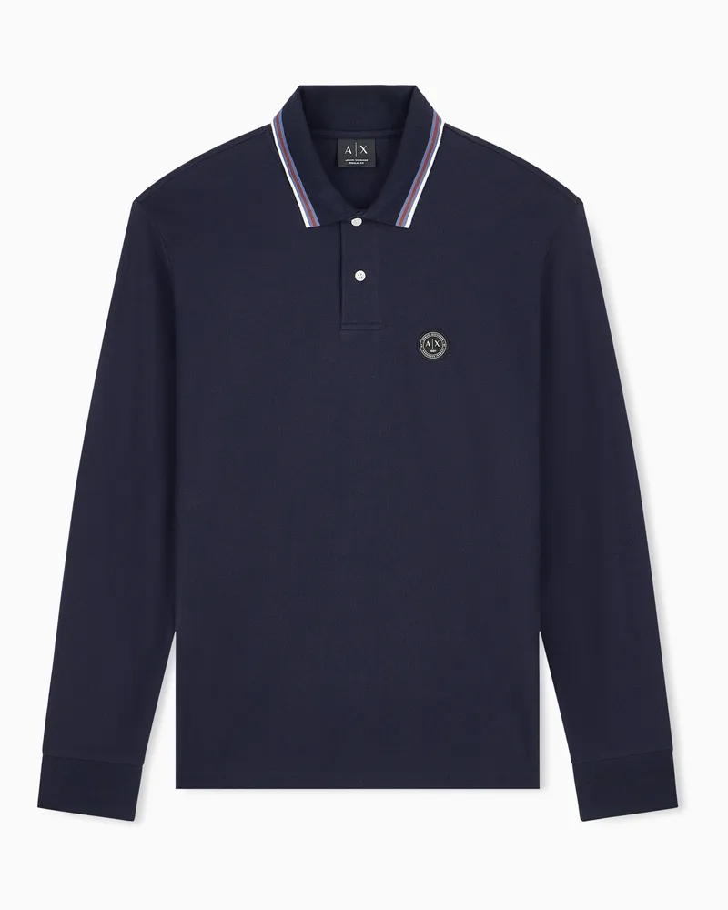 Armani Exchange Polo a maniche lunghe in piquet di cotone con logo Blu