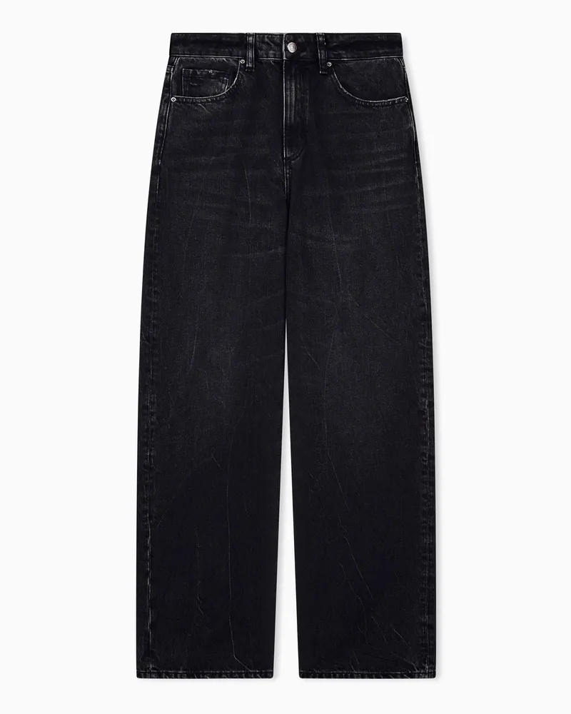 Armani Exchange Jeans 5 tasche a vita alta e gamba larga in denim di cotone Nero