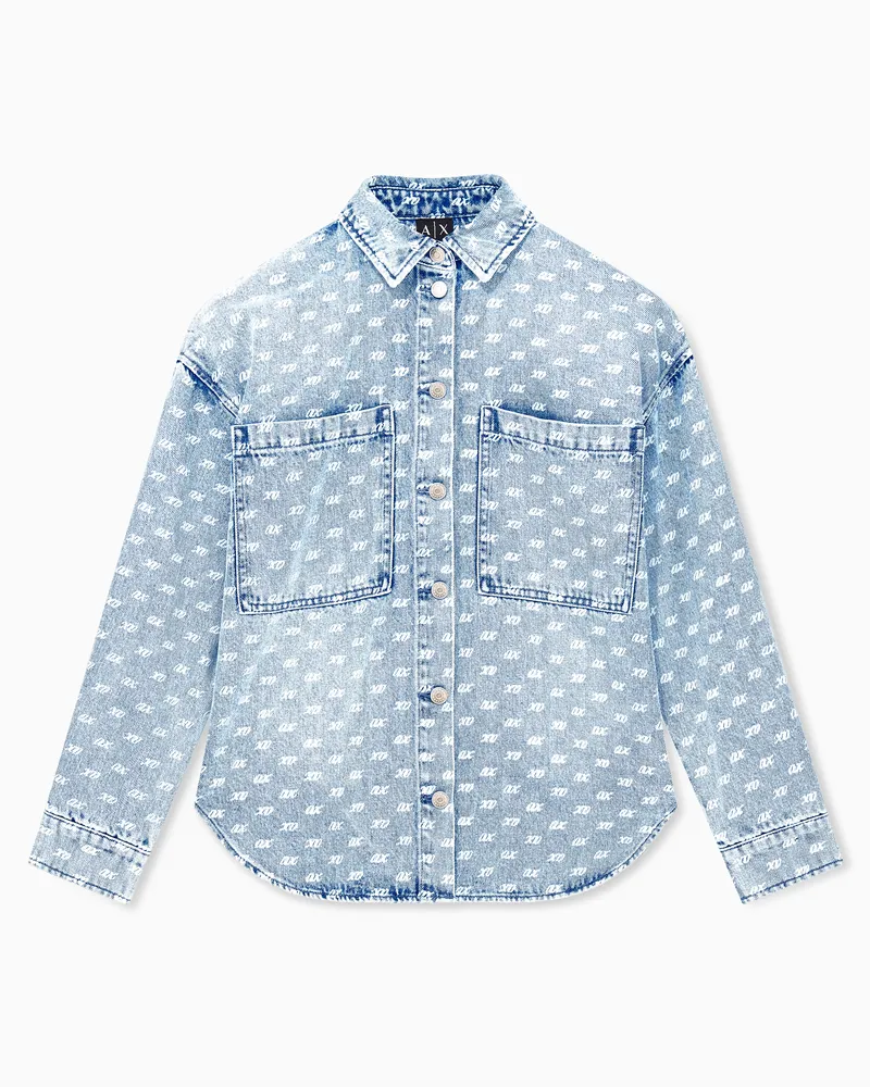 Armani Exchange Camicia in denim di cotone con stampa monogram allover Blu
