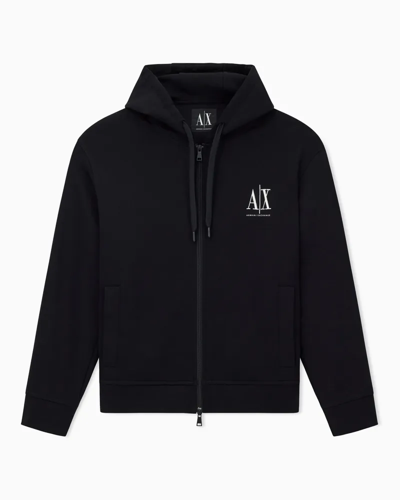 Armani Exchange Felpa cotone con cappuccio zip e logo ricamato Icon Nero