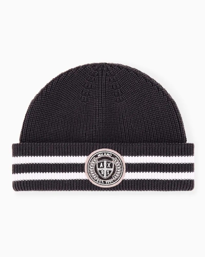 Armani Exchange Berretto Crossover a coste in misto lana con patch Marrone