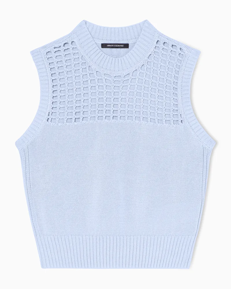 Armani Exchange Top in Cotone Lavorato a Maglia Fine Azzurro