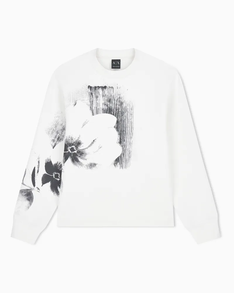 Armani Exchange Felpa girocollo in cotone stretch con stampa floreale Bianco
