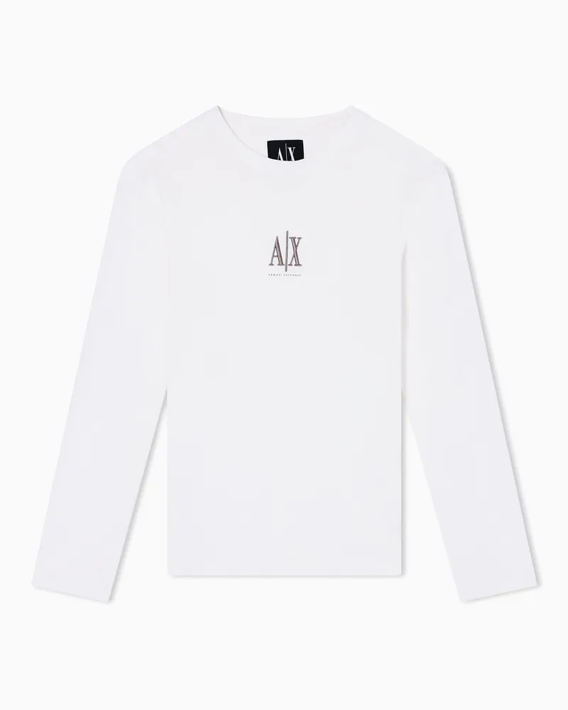 Armani Exchange T-shirt cotone girocollo a maniche lunghe con logo Icon Bianco