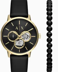 Armani Exchange OFFICIAL STORE Set Orologio Multifunzione In Pelle Nera E Bracciale Con Perline In Onice Nero Fantasia