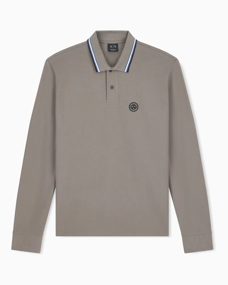 Armani Exchange Polo a maniche lunghe in piquet di cotone con logo Marrone