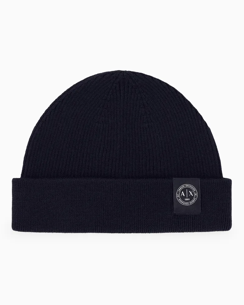Armani Exchange Berretto a coste in misto lana e cotone con risvolto Blu