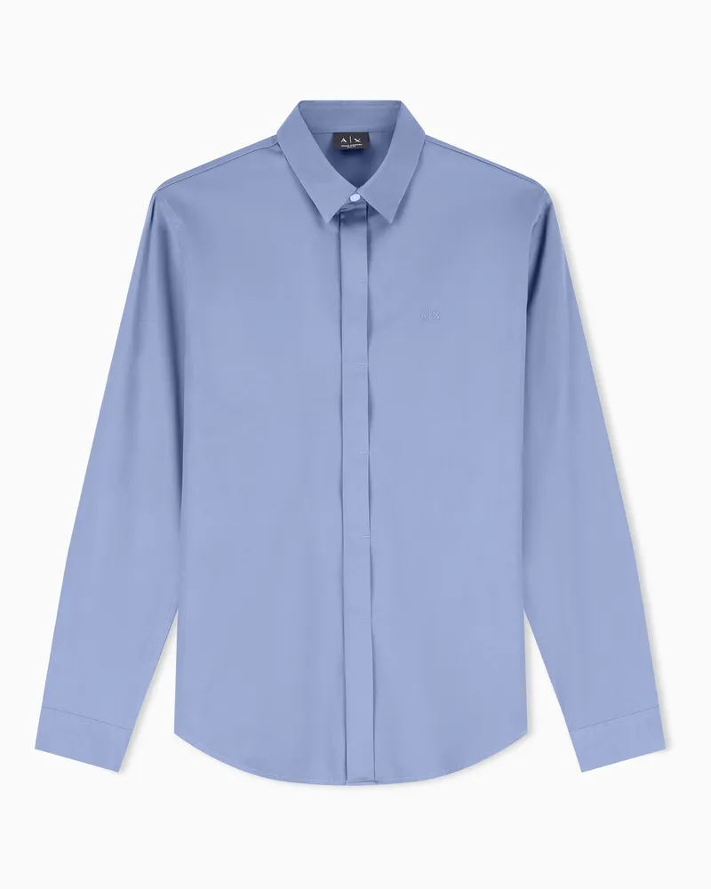 Armani Exchange Camicia Classica in Satin di Cotone Stretch Azzurro