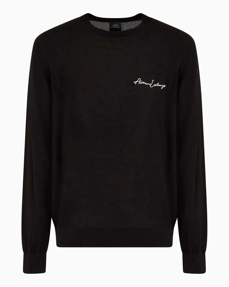 Armani Exchange Maglione girocollo in misto lana con logo sul petto Nero