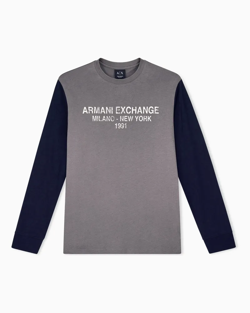 Armani Exchange T-shirt a maniche lunghe in jersey di cotone con stampa Marrone