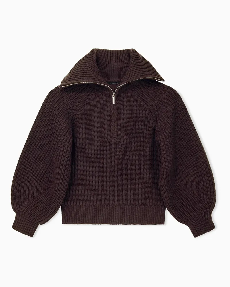 Armani Exchange Pullover in misto lana vergine con ampio collo a coste Marrone