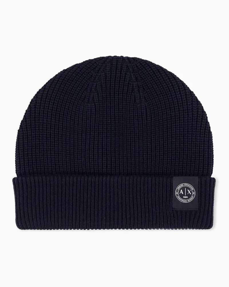 Armani Exchange Berretto a costine in lana vergine e cotone con risvolto Blu