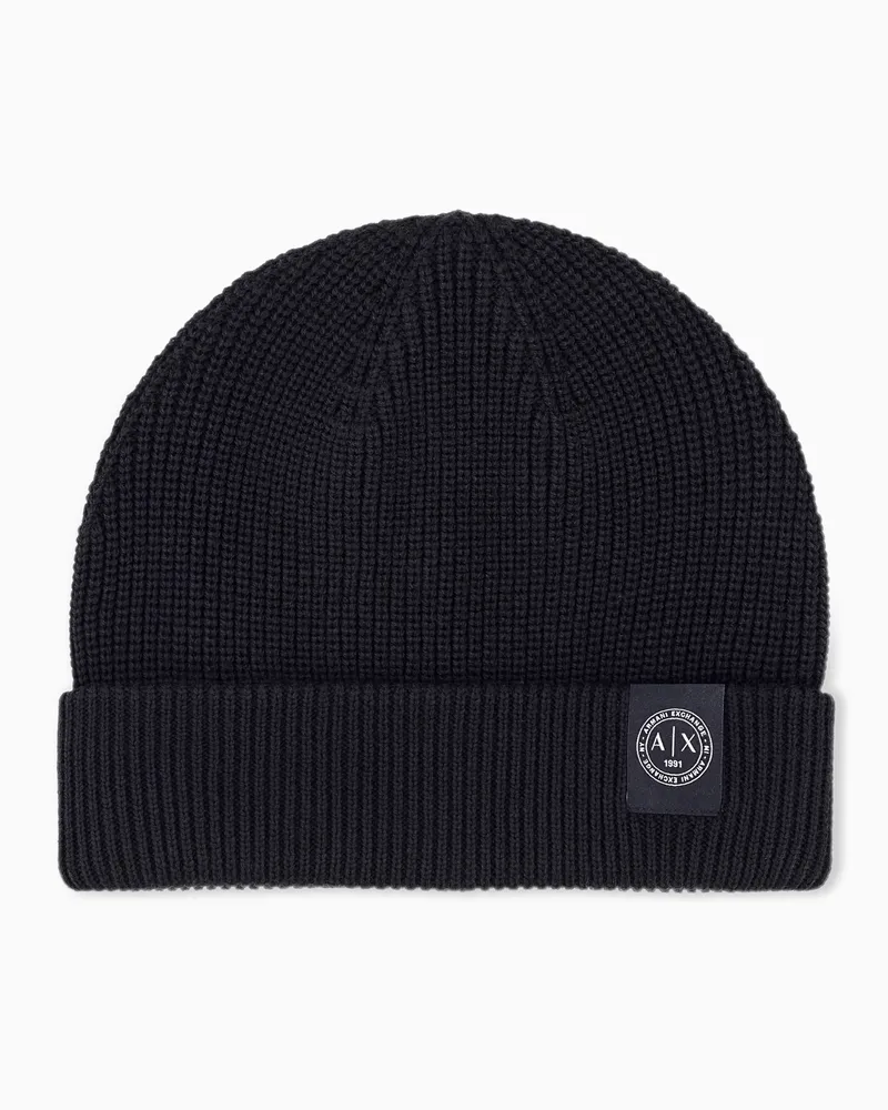 Armani Exchange Berretto a costine in lana vergine e cotone con risvolto Nero