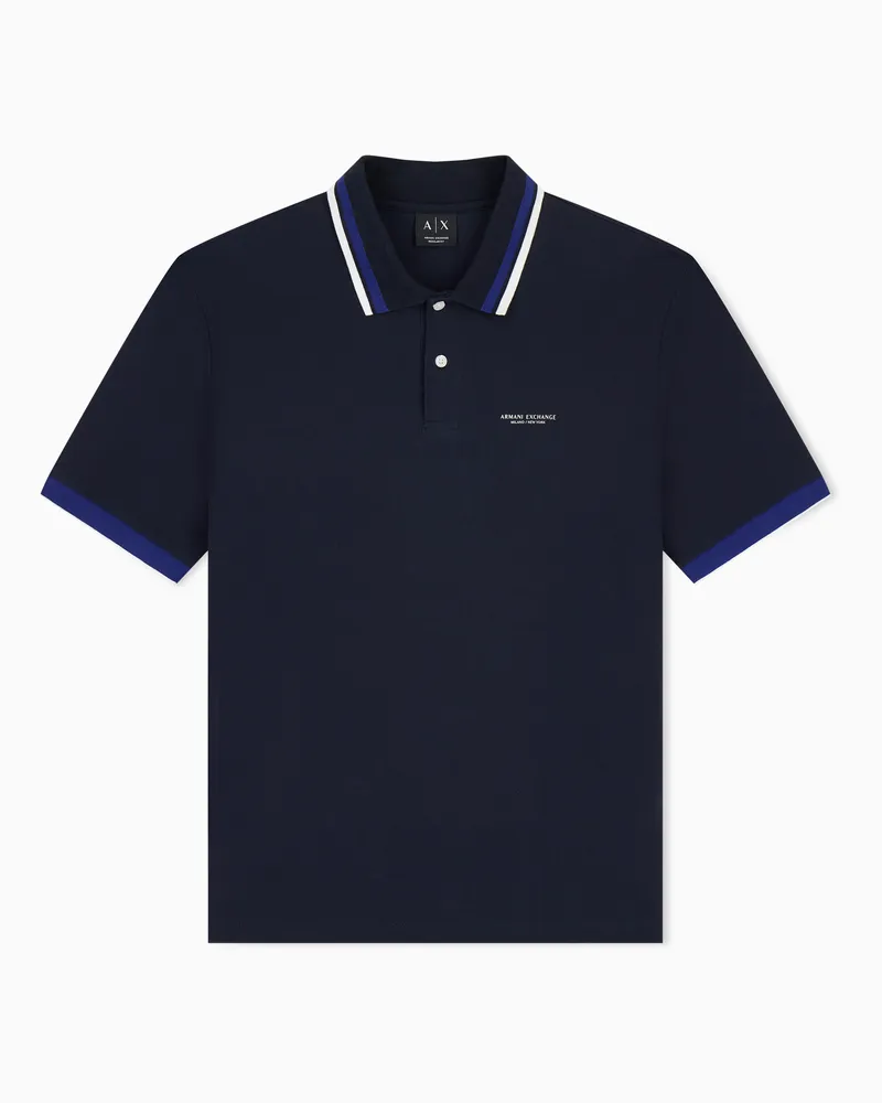 Armani Exchange Polo in piqué di cotone con logo e profili a righe Blu