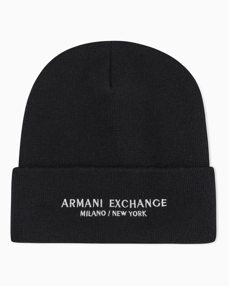 Armani Exchange Berretto in maglia con risvolto e logo ricamato Essential Nero