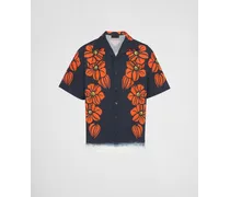 Camicia Maniche Corte In Cotone Stampata, Uomo, Nero/arancio