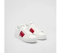 Sneakers Stringate In Pelle Con Logo, Donna, Bianco/scarlatto