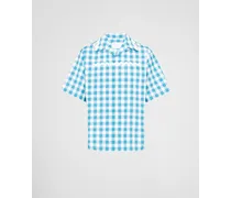 Prada Camicia Maniche Corte In Cotone Vichy Con Passamaneria, Uomo, Bianco/turchese/bianco Bianco