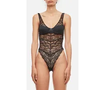 Microdolly Lace And Satin Stretch Bodysuit | Nero