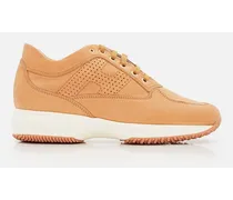 Pierced H Interactive Leather Sneakers | Beige