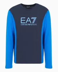 EA7 OFFICIAL STORE T-shirt Girocollo A Maniche Lunghe Athletic Colour Block In Cotone Blu