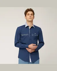 Harmont & Blaine Camicia In Cotone Stretch Con Lettering Applicato Blu