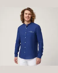 Harmont & Blaine Camicia In Lino Con Collo Alla Coreana E Taschino Blu