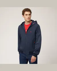 Harmont & Blaine Impermeabile In Softshell Con Cappuccio E Dettagli A Contrasto Blu