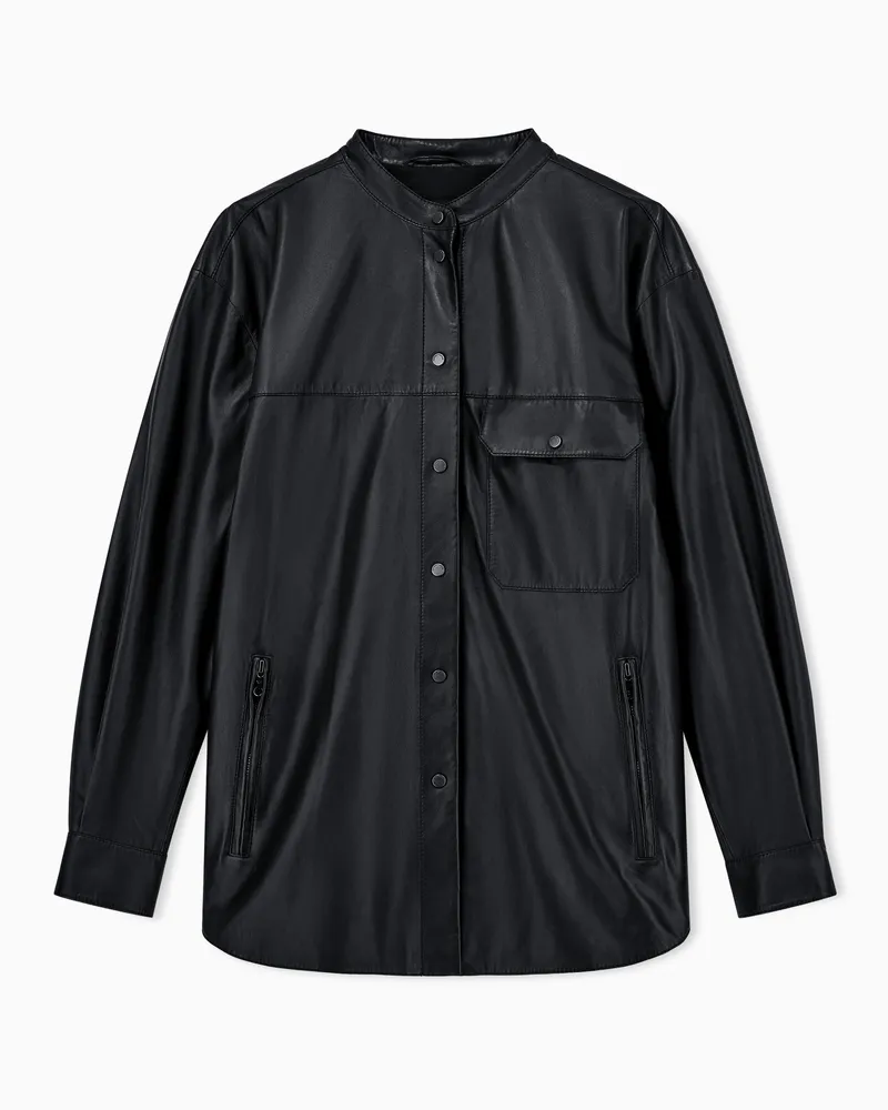 Emporio Armani Camicia a vestibilità regular in pelle con collo coreano e tasca Nero